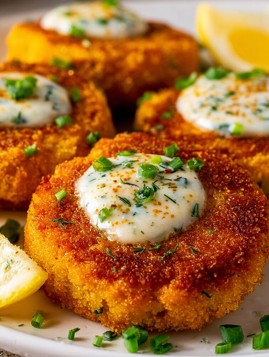 Salmon patties with creamy lemon-garlic sauce.