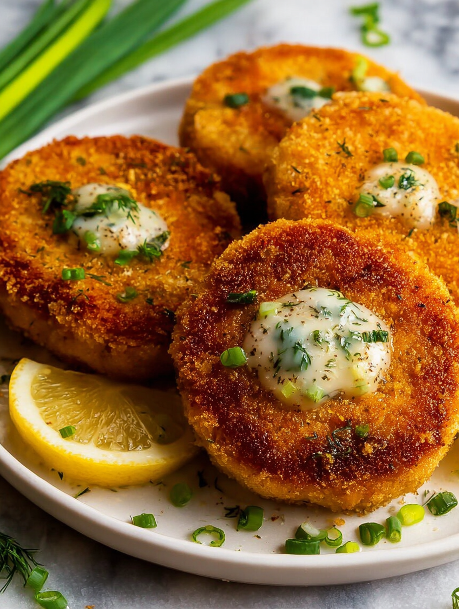 Salmon patties with creamy lemon-garlic sauce.