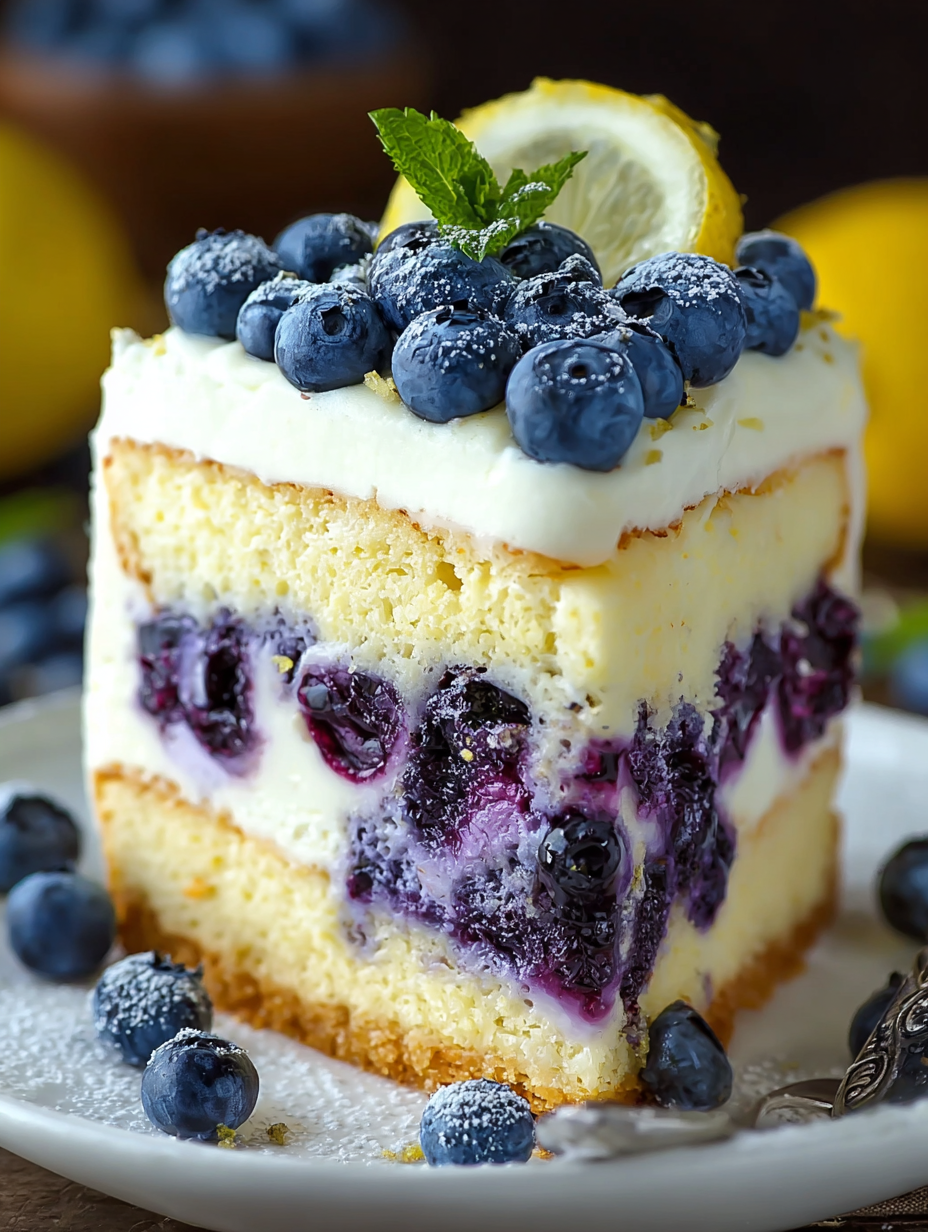 A slice of lemon blueberry cheesecake cake.