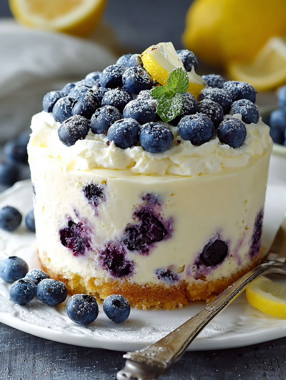 A slice of lemon blueberry cheesecake cake.