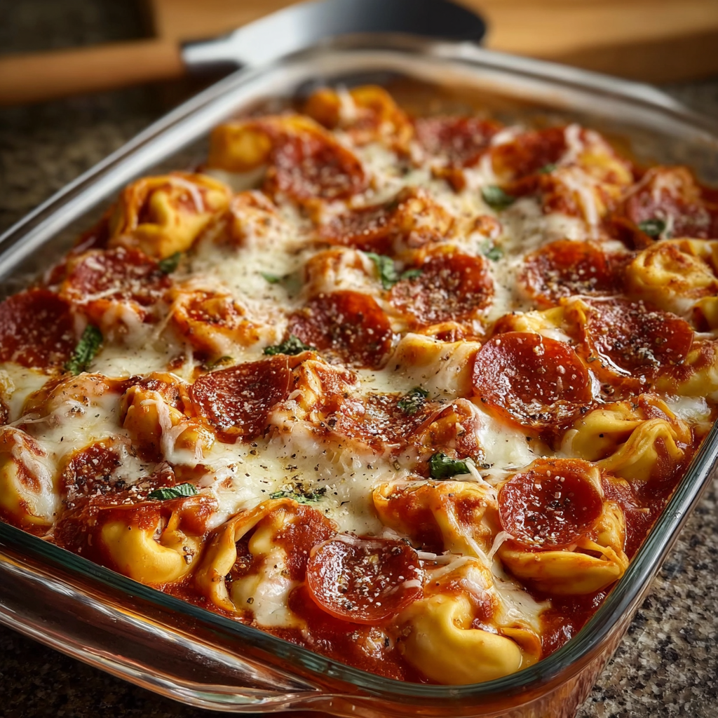 A dish of cheese tortellini pepperoni pizza casserole.