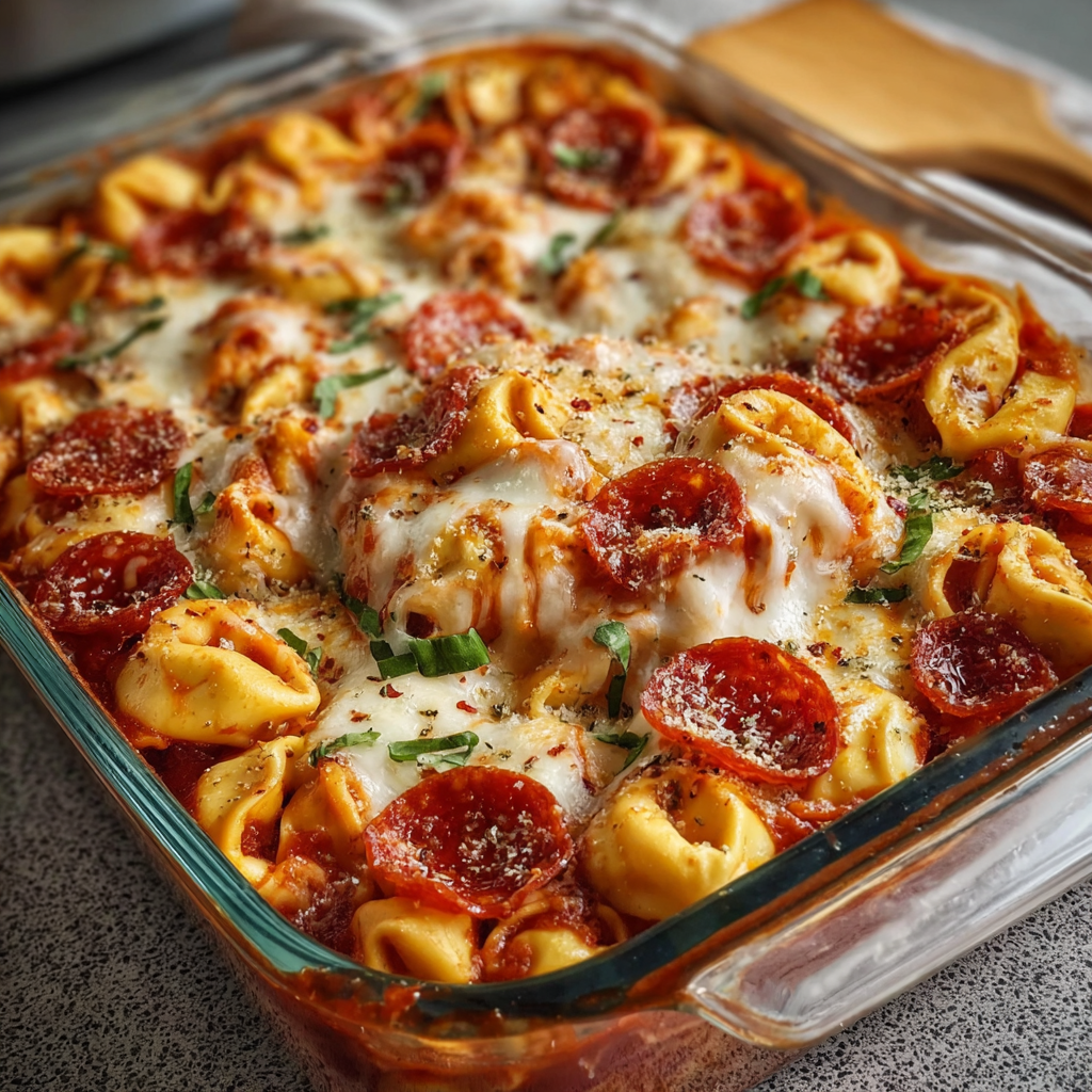 A casserole with pepperoni and cheese.