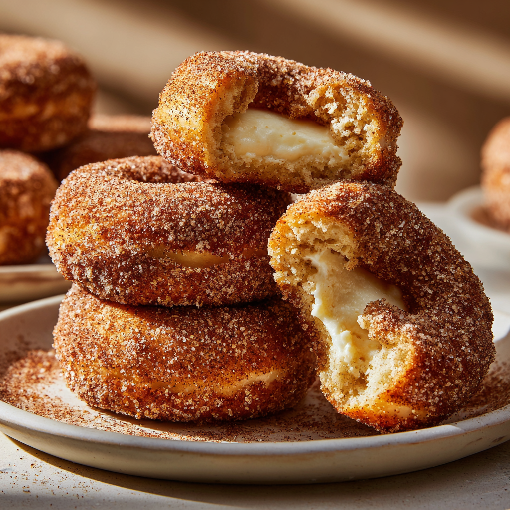 A plate of churro cheesecake donuts.