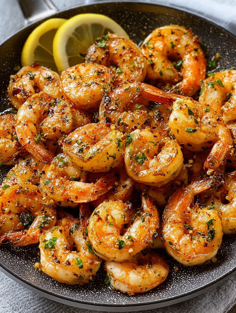 A plate of shrimp with garlic and butter.
