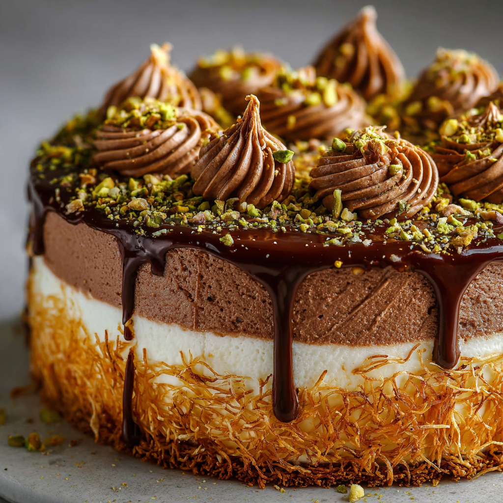 A slice of chocolate cheesecake with a drizzle of caramel.