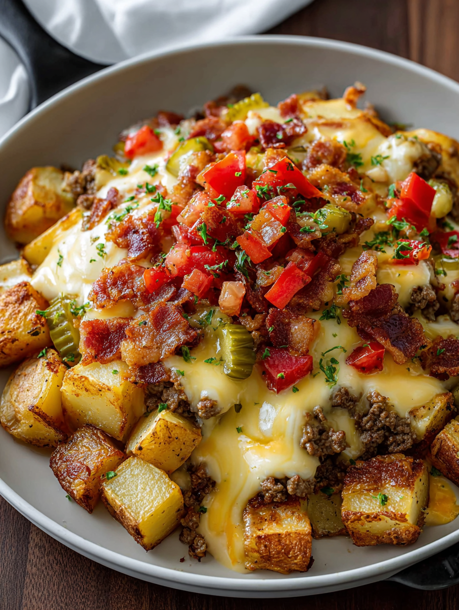 A loaded cheeseburger potato skillet with creamy cheese sauce.