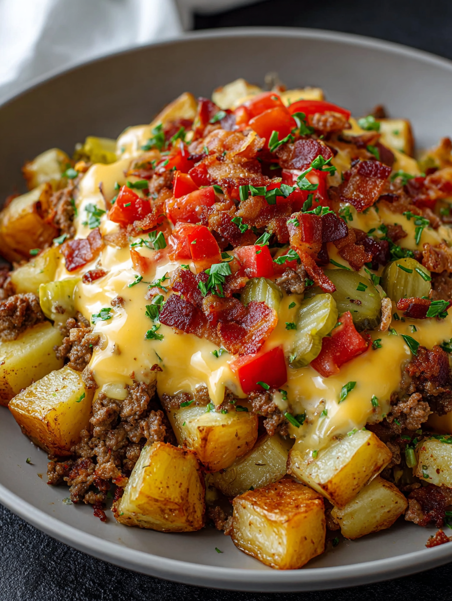 A loaded cheeseburger potato skillet with creamy cheese sauce.