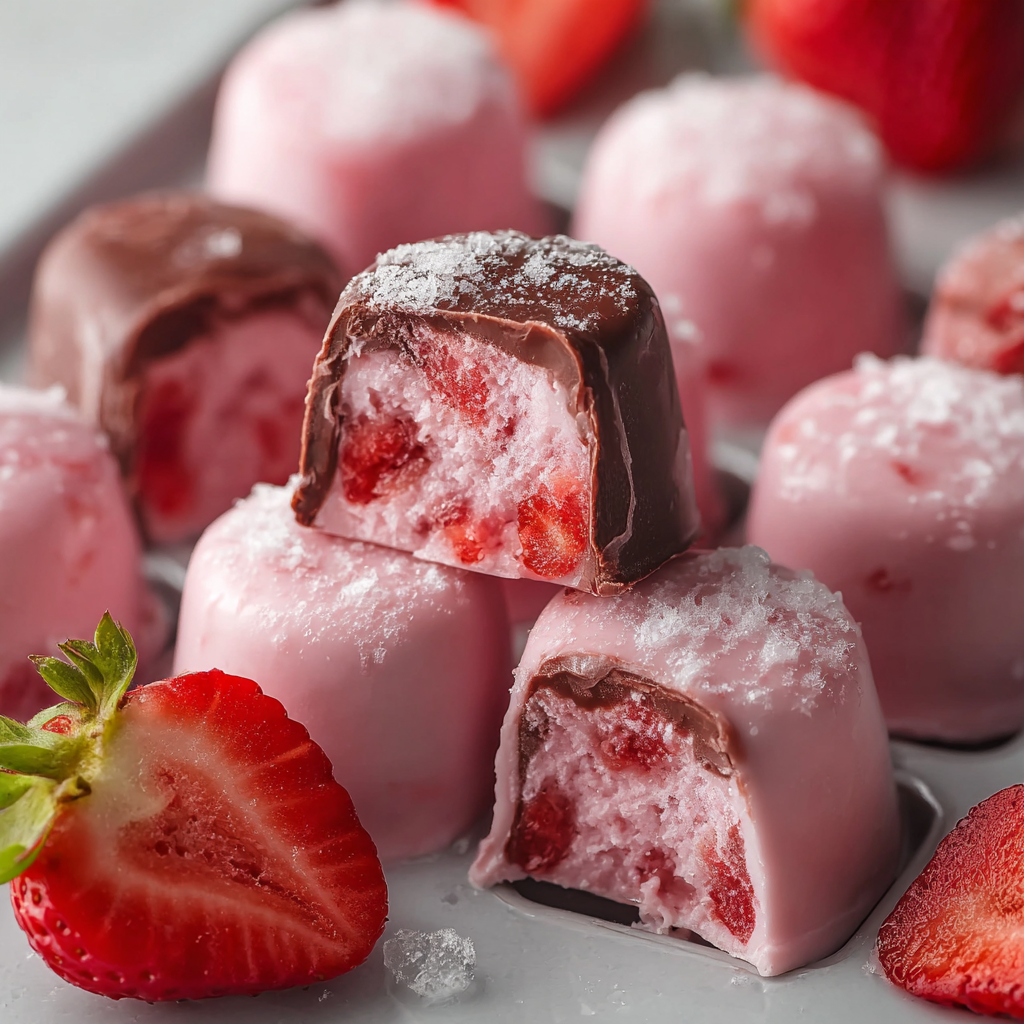 A plate of frozen strawberry yogurt bites.