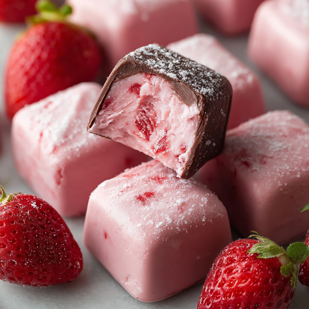 A close up of a delicious frozen strawberry yogurt bite.