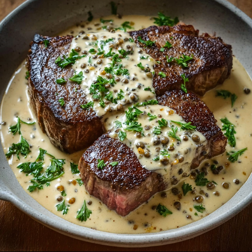A juicy steak with creamy garlic sauce.