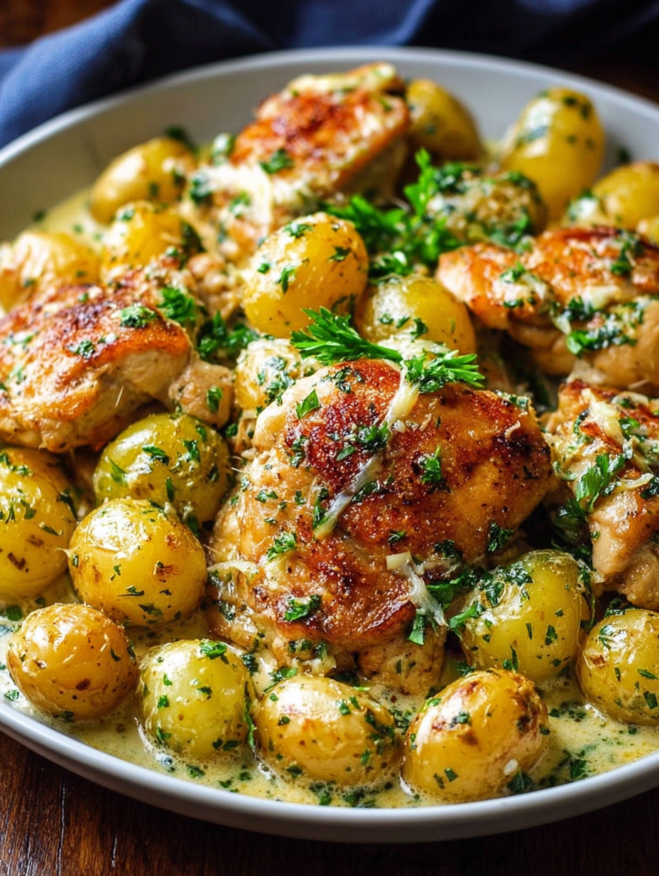 A plate of garlic Parmesan chicken and potatoes.