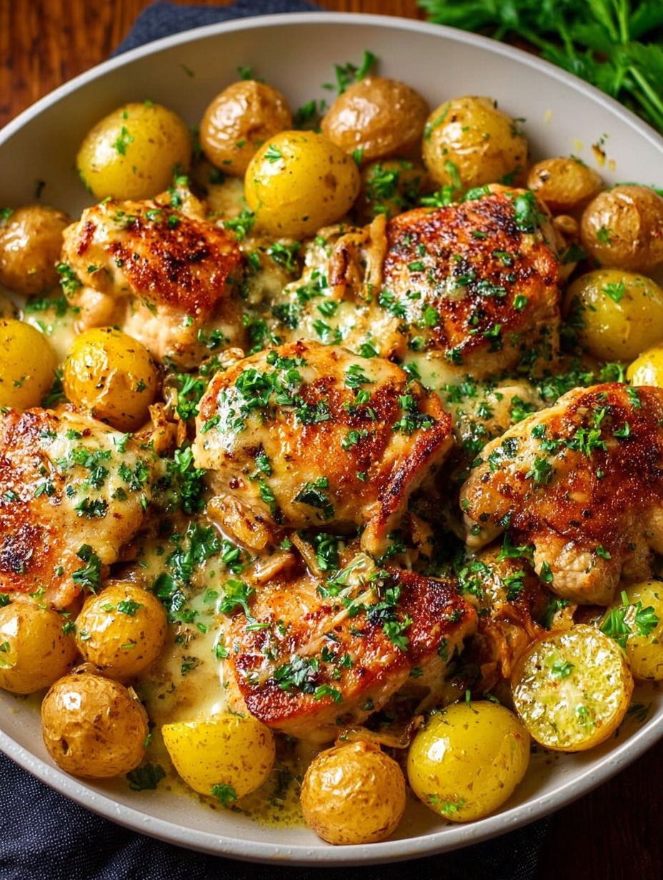 A plate of garlic Parmesan chicken and potatoes.