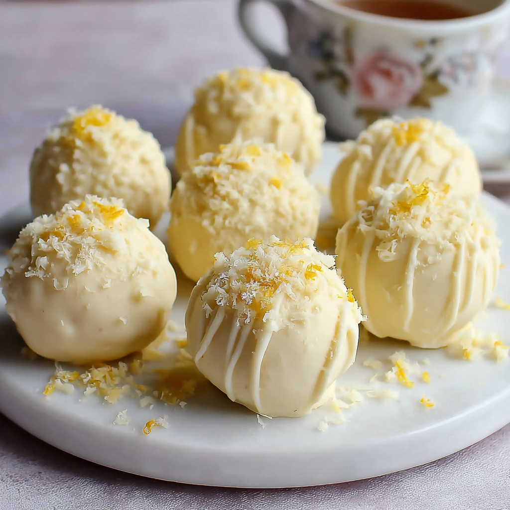 A plate of lemon truffles with powdered sugar on top.