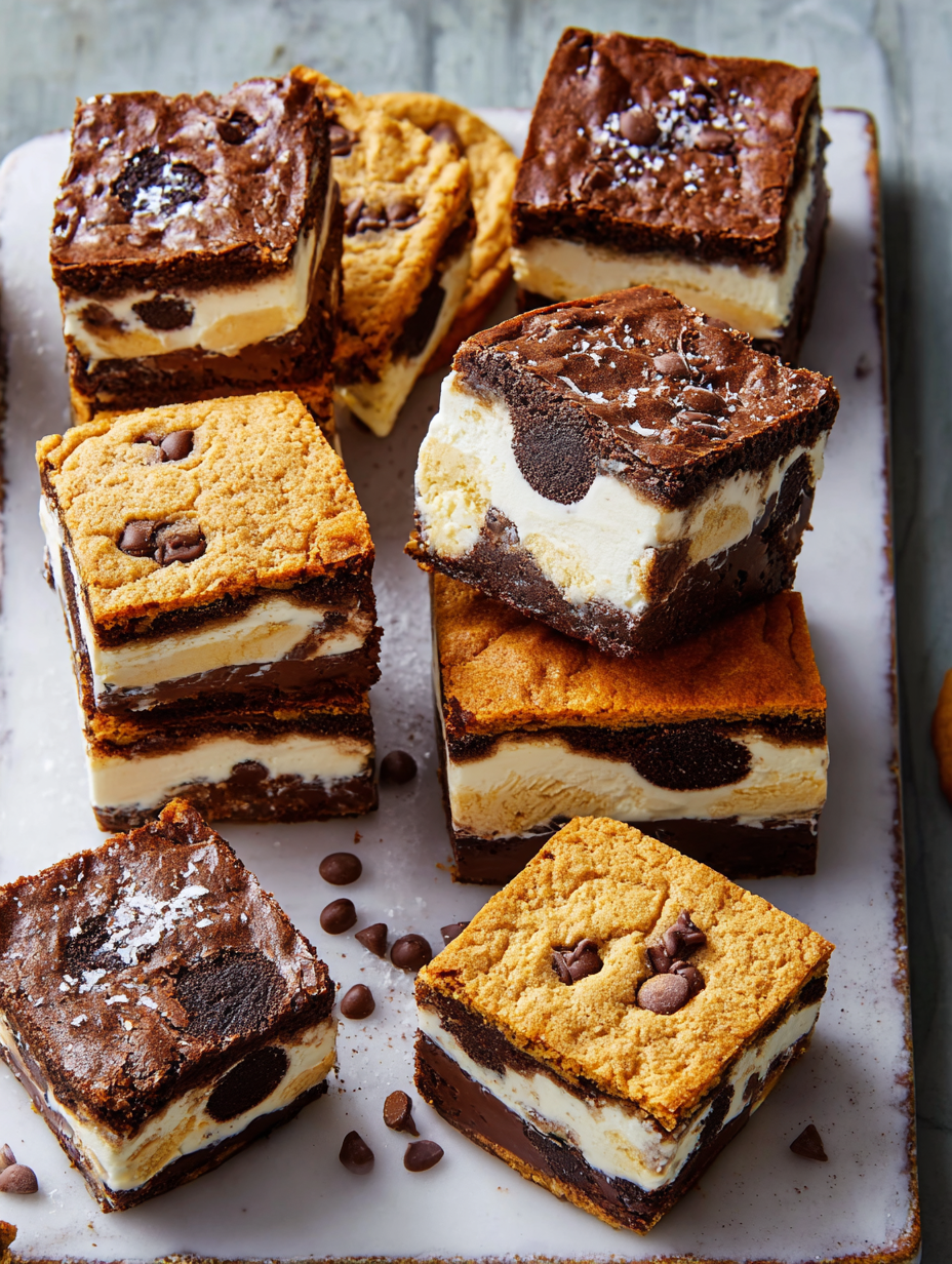 A plate of brownies with chocolate chips.
