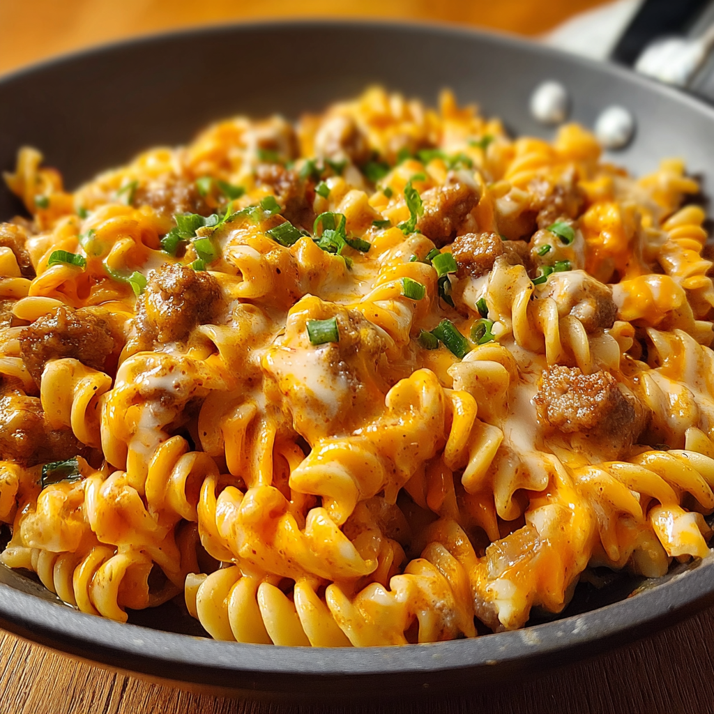A bowl of creamy buffalo ranch sausage rotini.