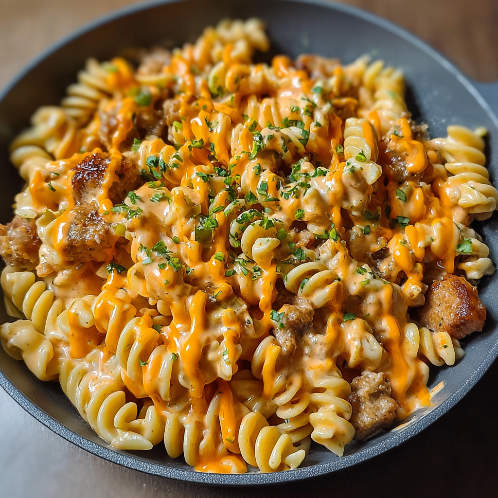 A plate of food with a creamy buffalo ranch sausage rotini.