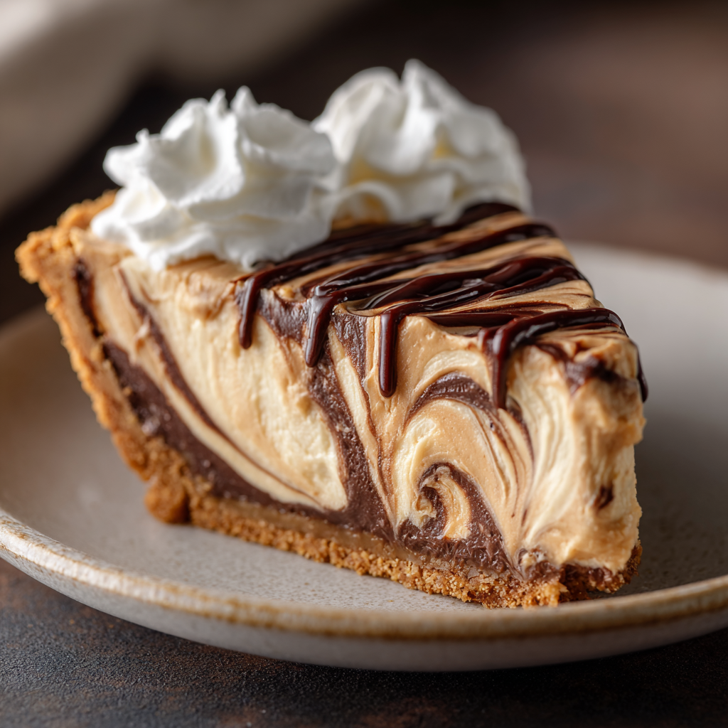 A slice of a no bake cream cheese peanut butter pie.