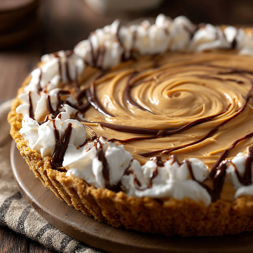 A slice of a no bake cream cheese peanut butter pie.