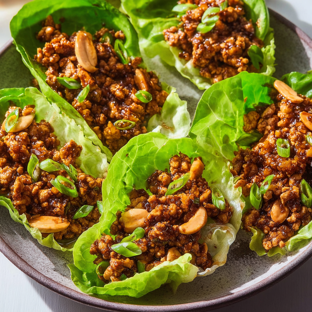 A plate of lettuce wraps with meat and nuts.