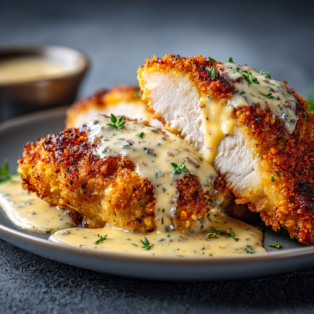 A plate of Parmesan crusted chicken with creamy garlic sauce.