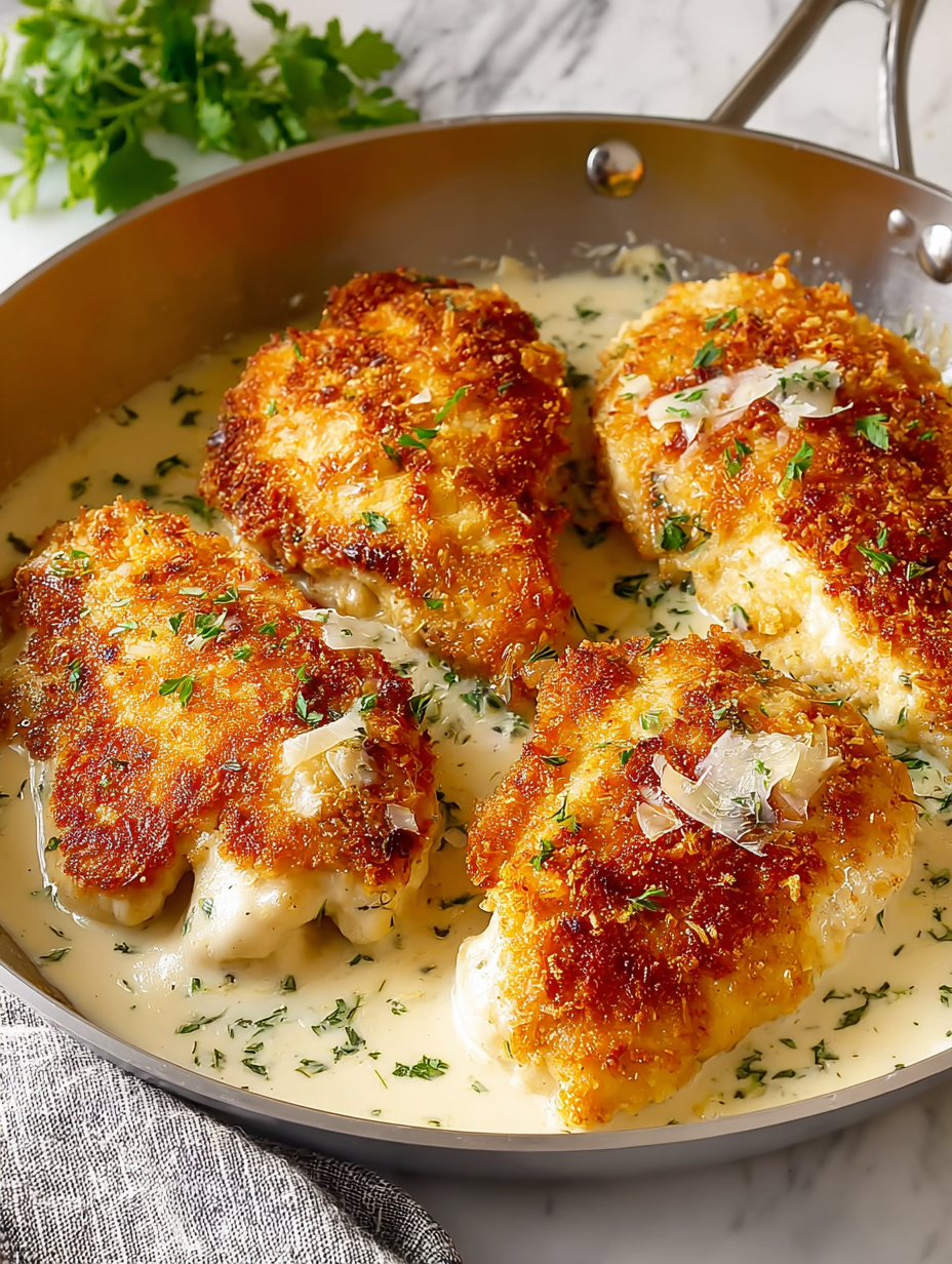 A pan of Parmesan crusted chicken with creamy garlic sauce.