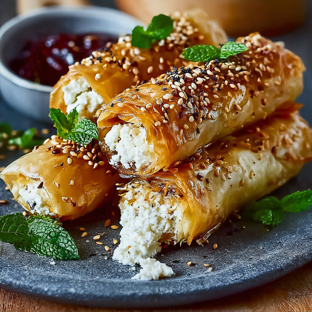 A plate of oven fried feta rolls with chili honey.