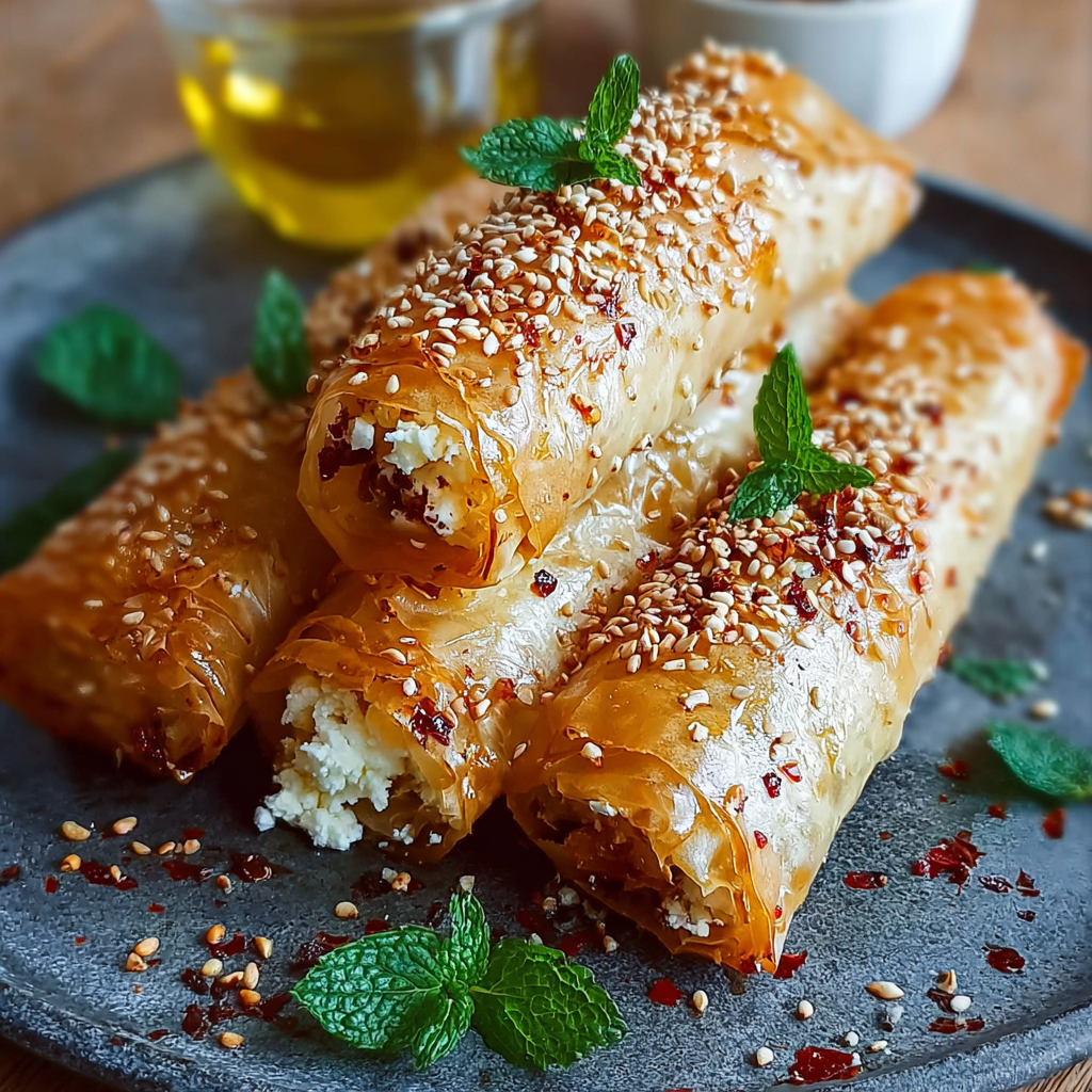 Oven fried feta rolls with chili honey.