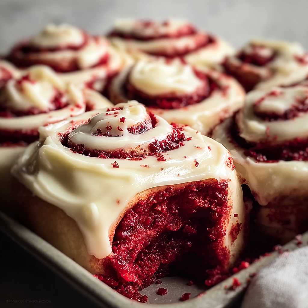 A tray of red velvet cinnamon rolls.