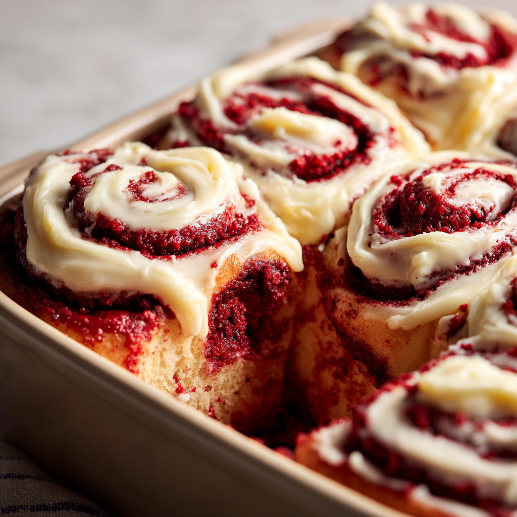 A pan of red velvet cinnamon rolls.