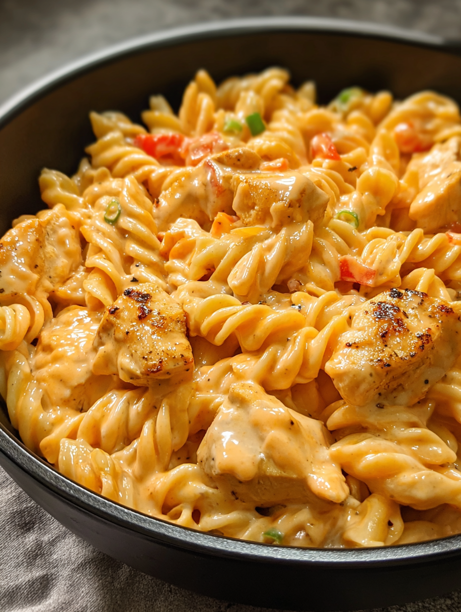 A skillet of pasta with chicken and sauce.