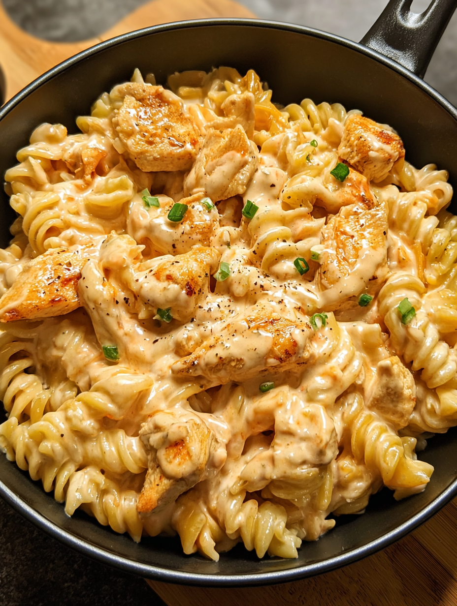 A bowl of pasta with chicken and sauce.