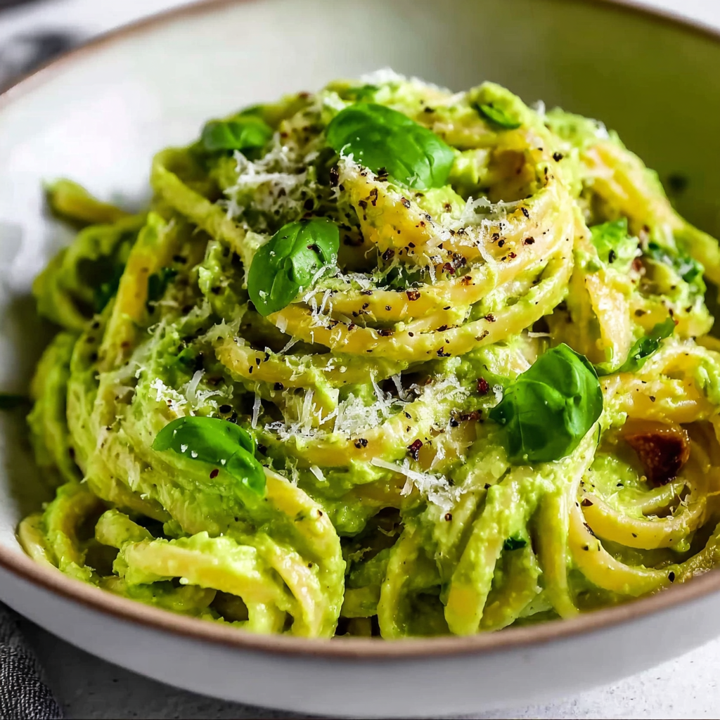A bowl of pasta with green toppings.