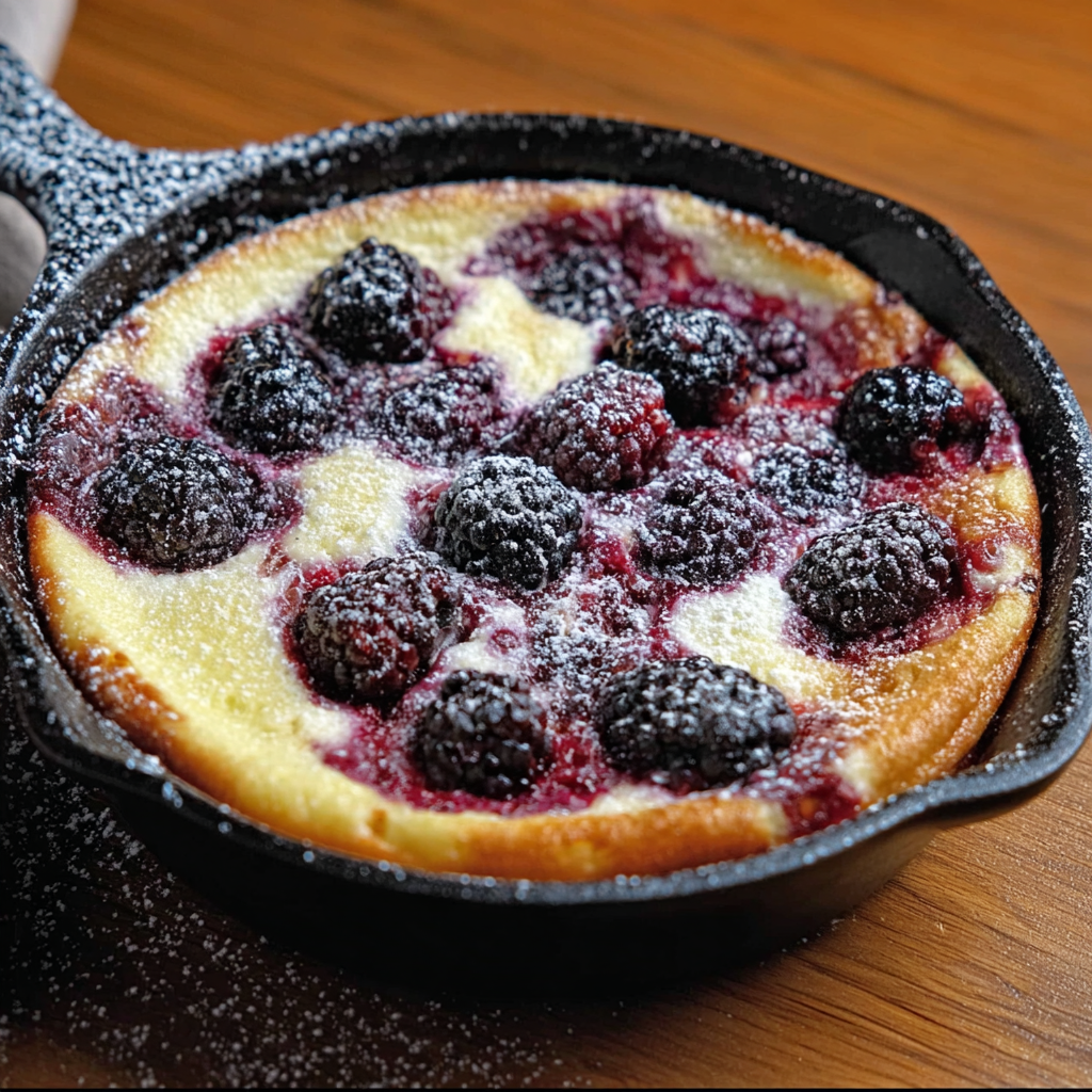 A blackberry clafoutis in a cast iron skillet.