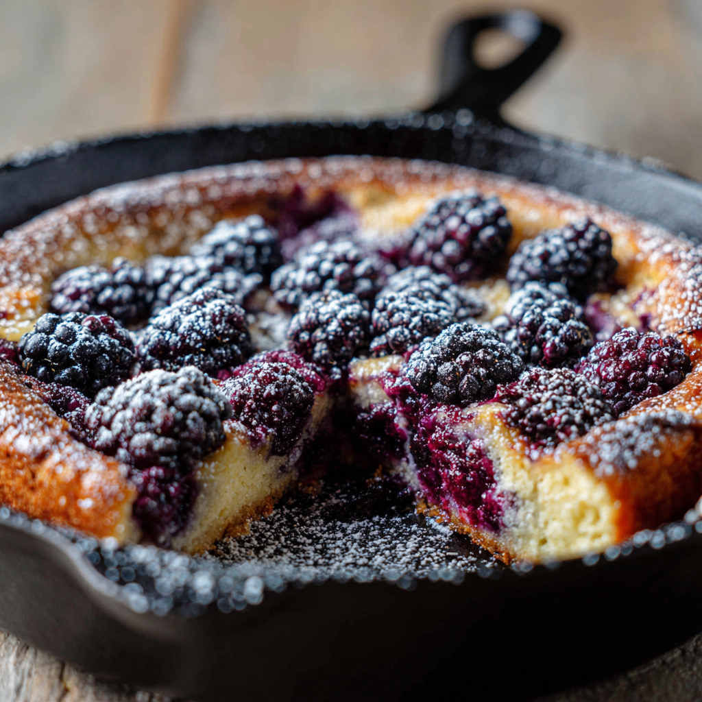 A blackberry clafoutis in a pan.