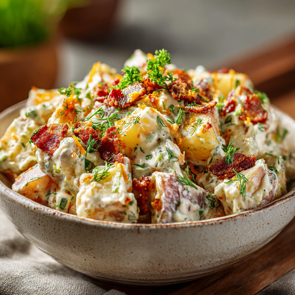 A bowl of potato salad with bacon and herbs.