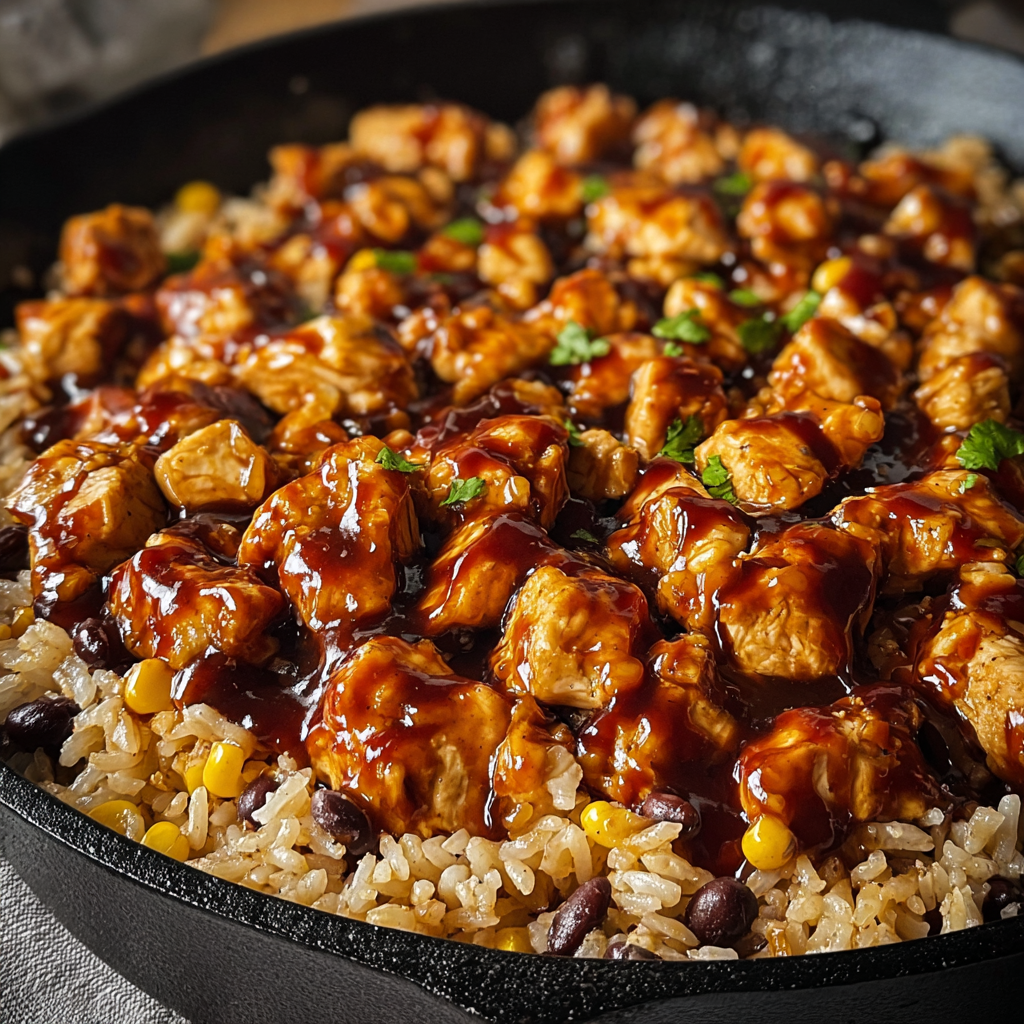 A skillet of rice and meat with a smoky BBQ sauce.