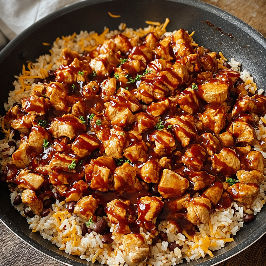 A skillet of smoky chipotle BBQ chicken and rice.