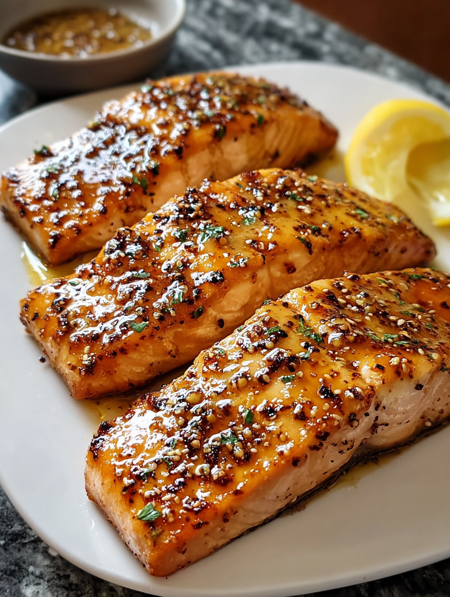 Two pieces of air fryer honey mustard glazed salmon.
