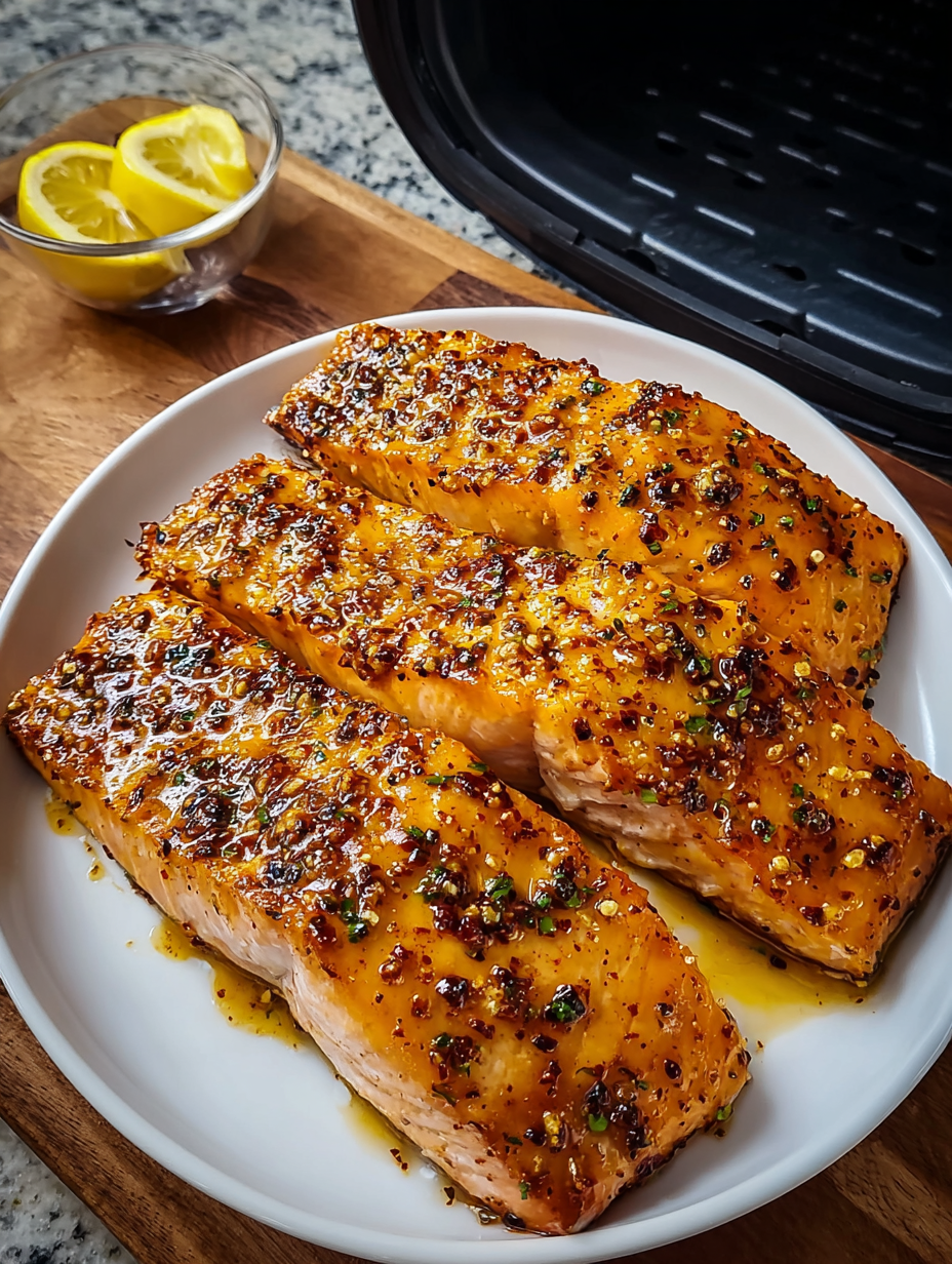 A plate of salmon with a honey mustard glaze.