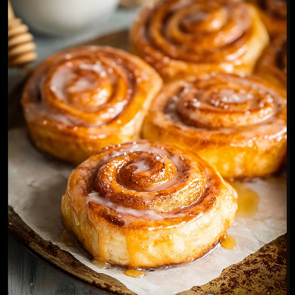 Three homemade honey buns on a tray.