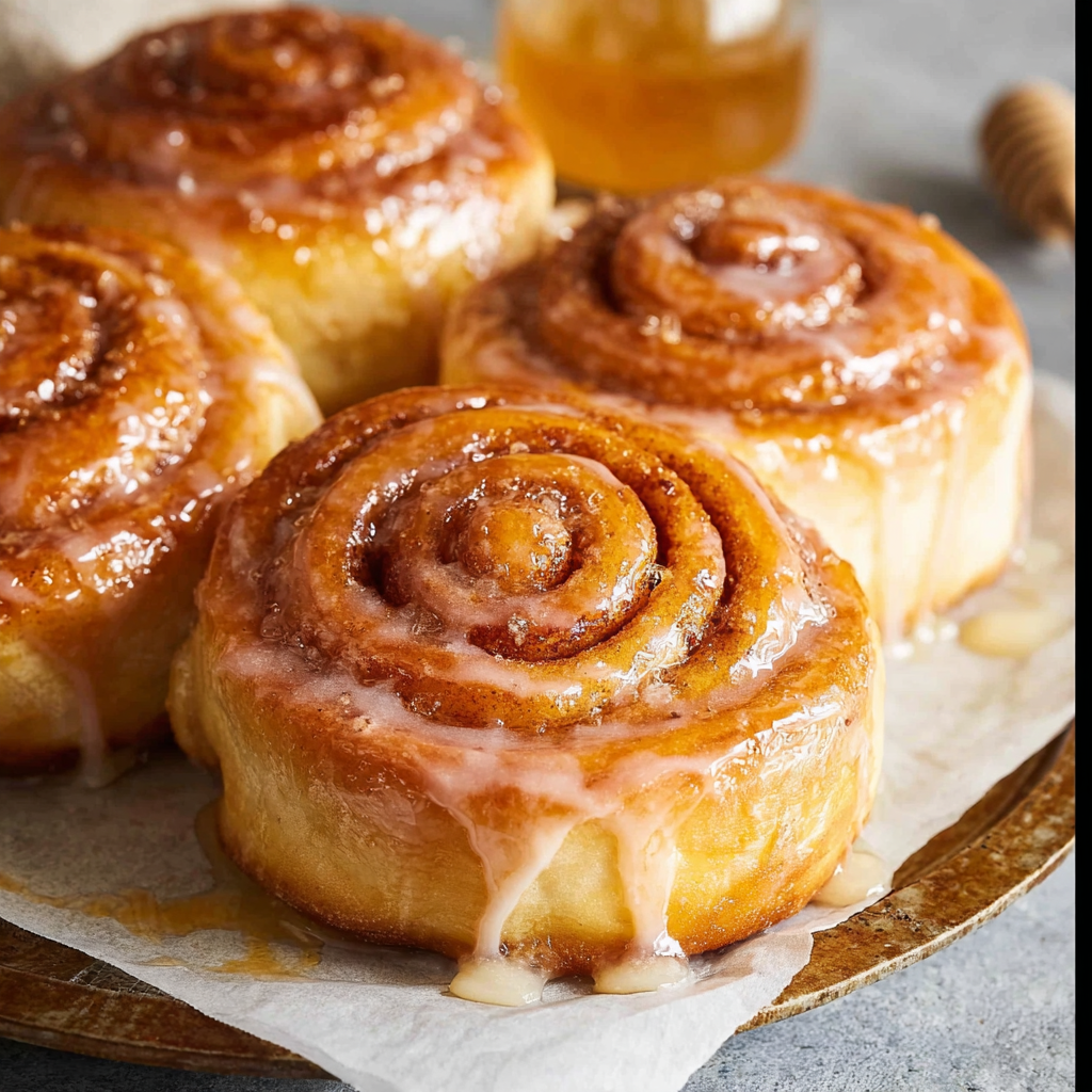 A plate of honey buns with glaze dripping off.