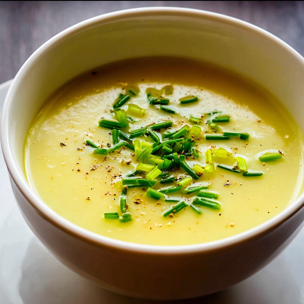 A bowl of soup with green onions on top.