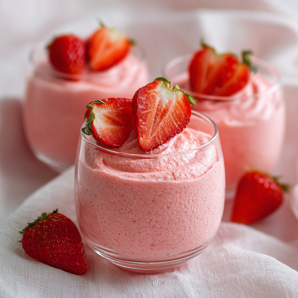 A glass of strawberry mousse with strawberries on top.