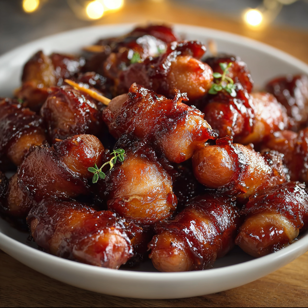 A plate of bacon wrapped meat with a brown sugar glaze.