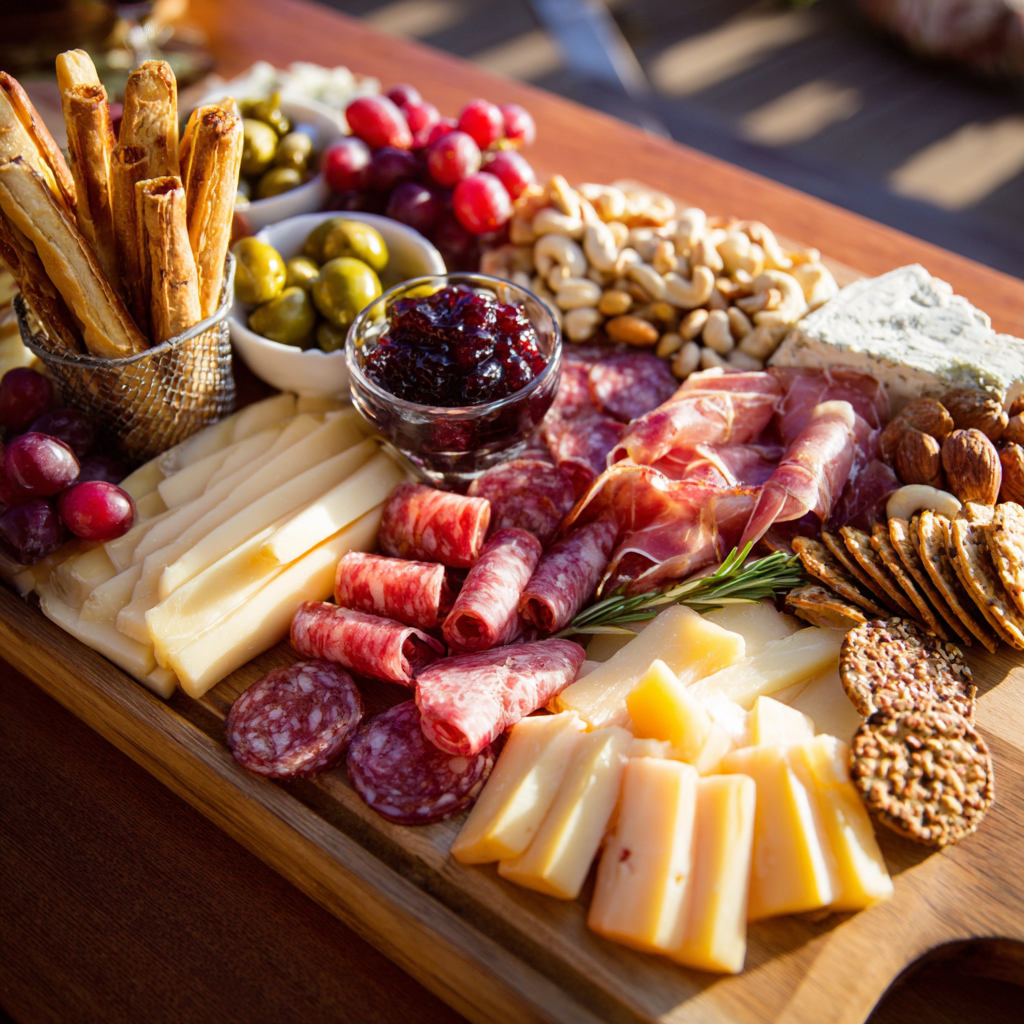 A variety of cheeses, meats, and nuts are arranged on a wooden platter.