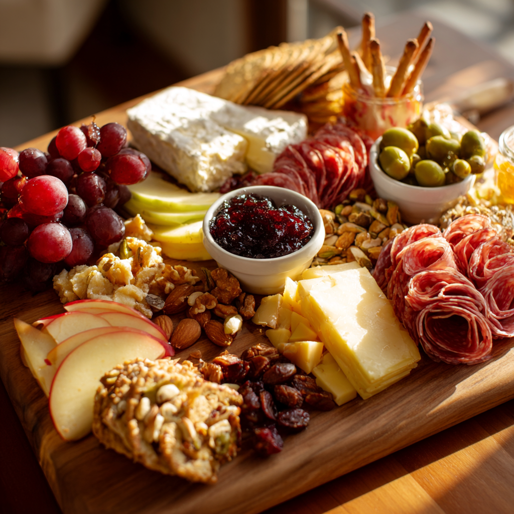 A variety of cheeses, meats, and fruits on a wooden platter.