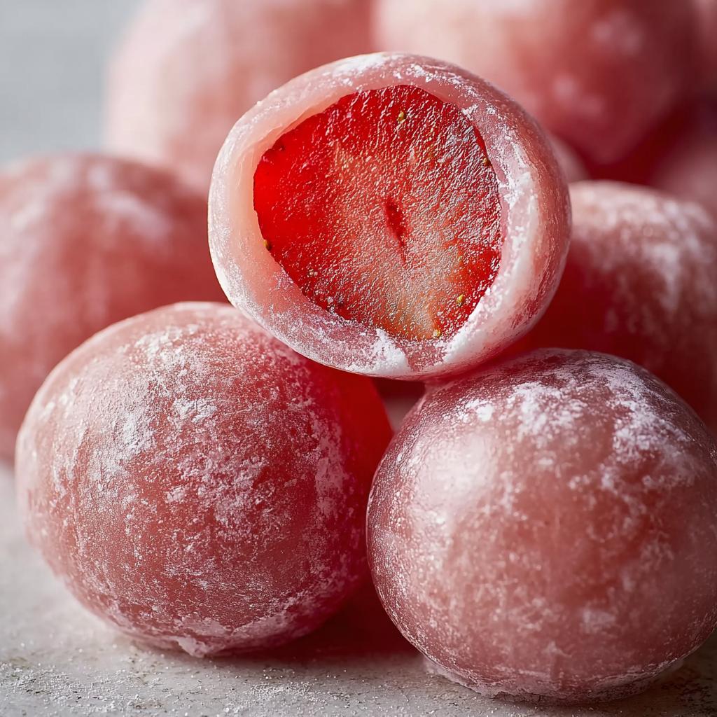 A pink frozen strawberry with a hole in the middle.