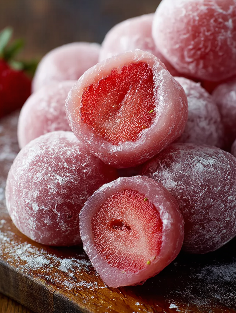 A pile of strawberry mochi.