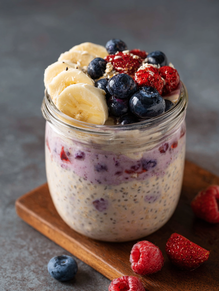 A glass jar filled with banana, berry, and oat overnight oats.
