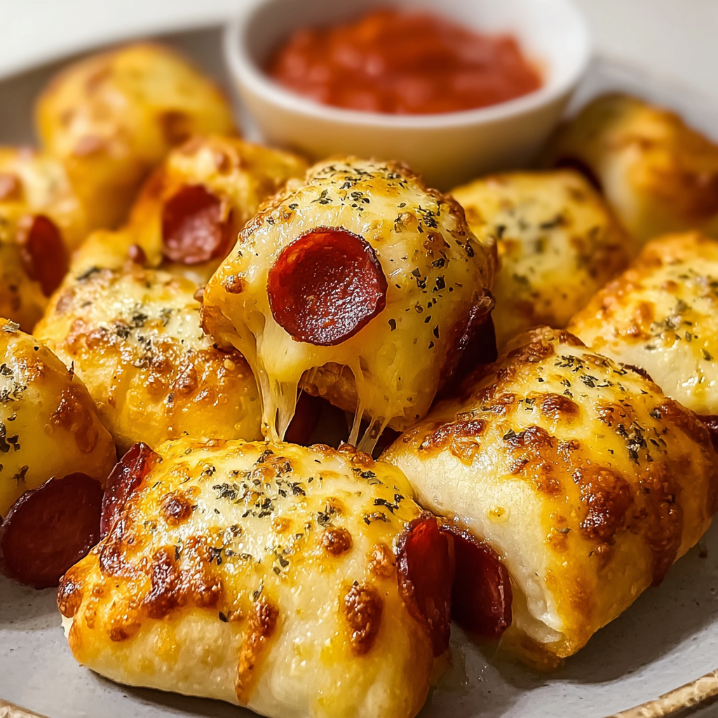 A plate of cheesy pepperoni pizza rolls.